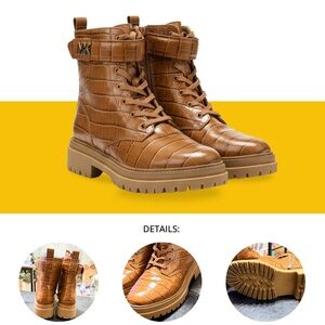 Michael Kors Lennox Lug Sole Boots • Tan Croc-Embossed Leather Combat Boots